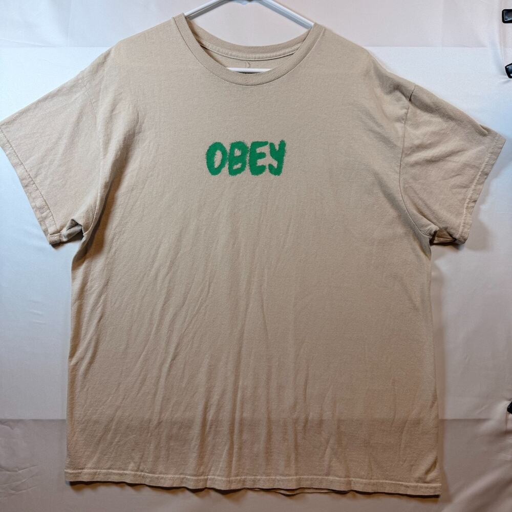 Obey Worldwide Beige Short Sleeve T Shirt with Green Graffiti Logo Mens Size XL